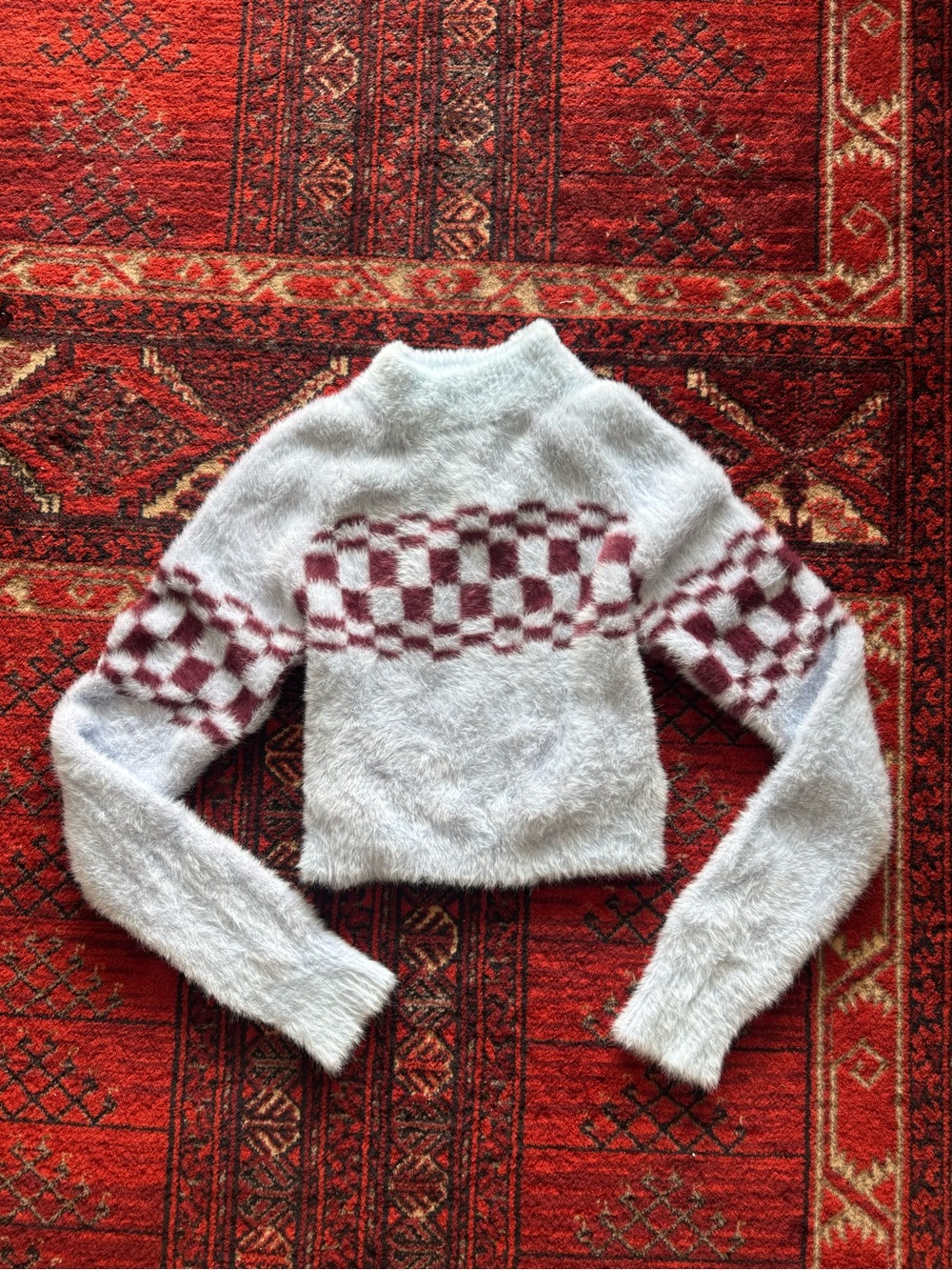 Urban Outfitters Pale Lavender Fuzzy Cropped Sweater with Burgundy Checker